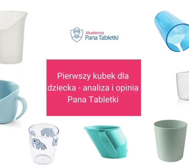 Różne kubki dla rocznego dziecka, w tym niebieski z uchwytami, przezroczysty ze słoniami i zielony. Analiza i opinia Pana Tabletki.