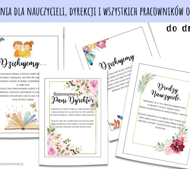 Wzruszające podziękowania za pomoc dla nauczycieli i dyrekcji. Kartki z życzeniami i kwiatowymi ozdobami.