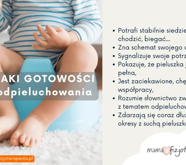 Dziecko siedzi na nocniku, widoczne nogi i fragment tułowia. Tekst: "Ozaki gotowości do odpieluchowania".