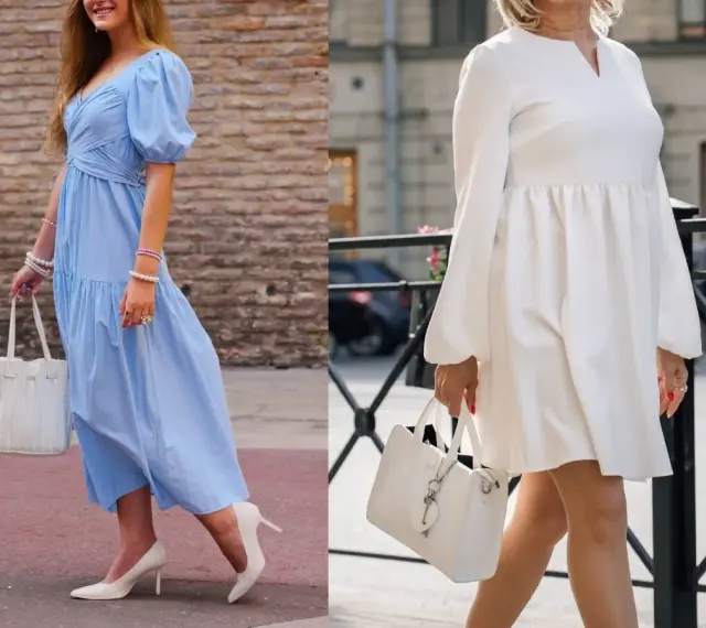 Eleganckie stylizacje na chrzciny: błękitna sukienka z bufkami i biała sukienka z długim rękawem.