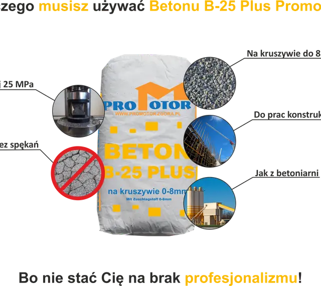 Worek z Betonem B-25 Plus Promotor. Dowiedz się, jak zrobić beton B25, który jest wytrzymały i nie pęka. Idealny do prac konstrukcyjnych.