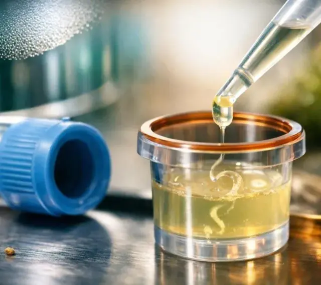 Kropla płynu z pipety wpada do naczynia laboratoryjnego z żółtym płynem.