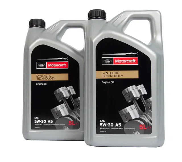 Dwa litrowe kanistry oleju silnikowego Motorcraft 5W-30 A5. 5W-30 co oznacza? To lepkość oleju, kluczowa dla ochrony silnika.