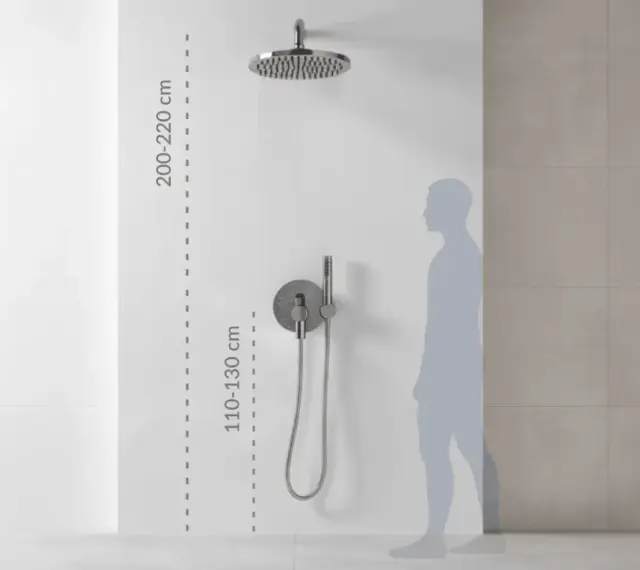Wysokość baterii prysznicowej: deszczownica 200-220 cm, panel sterujący 110-130 cm. Sylwetka pokazuje idealne dopasowanie.