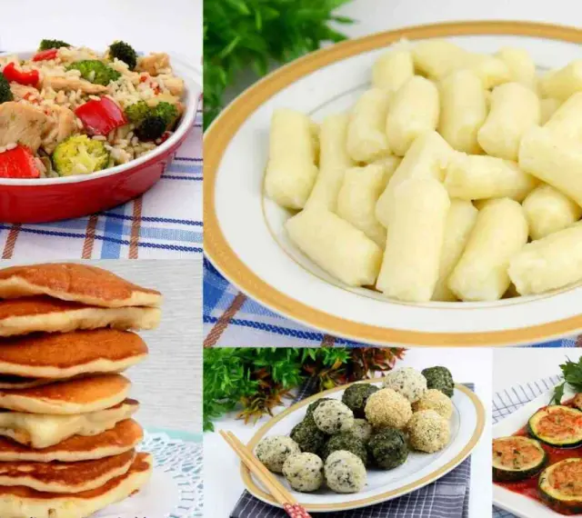 Kolorowy kolaż potraw: ryż z warzywami, kluski, naleśniki, kulki ryżowe i faszerowana cukinia.