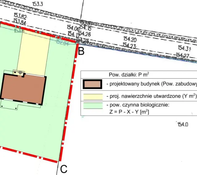 Plan działki z zaznaczonym projektowanym budynkiem, nawierzchniami i obszarem biologicznie czynnym. Dokumentacja do wniosku o warunki zabudowy.