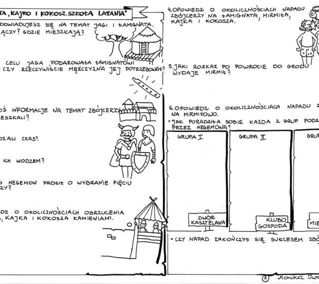 Test "Kajko i Kokosz: Szkoła latania" - zadania o zbójcerzach, Mirmił, Jaga i Łamignat.