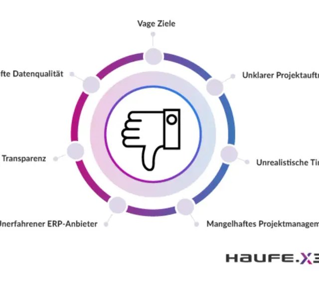 Daumen runter-Symbol umgeben von Problemen wie mangelhafte Datenqualität und vage Ziele, die ein schlechtes Warenwirtschaftssystem kennzeichnen.