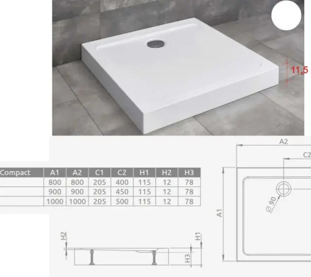 Biała, kwadratowa brodzik prysznicowy. Wymiary: 80x80, 90x90, 100x100 cm. Wysokość 11,5 cm.