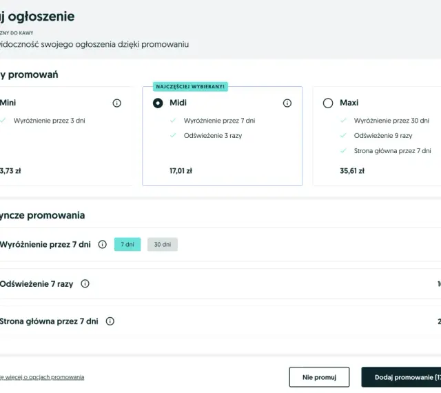 Ile kosztuje wystawienie samochodu na OLX? Sprawdź pakiety promowań: Mini (3,73 zł), Midi (17,01 zł), Maxi (35,61 zł) i pojedyncze opcje.