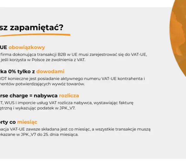 Kluczowe informacje o VAT-UE: obowiązek rejestracji, stawka 0% z dowodami, reverse charge i miesięczne raporty.