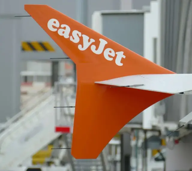 Pomarańczowy statecznik pionowy samolotu easyJet z białym logo, gotowy do przyjęcia bagażu pasażerów.