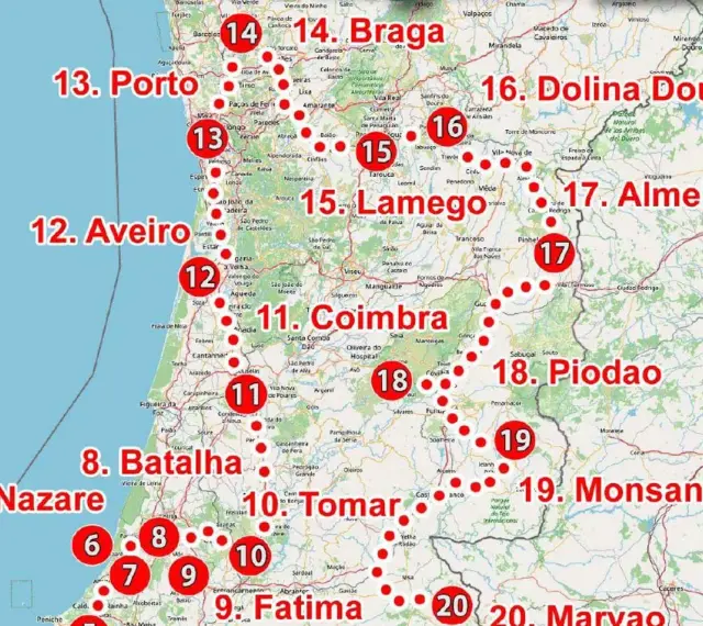 Mapa turystyczny Portugalii, gdzie leży Portugalia, z zaznaczonymi miastami: Porto, Coimbra, Fatima.
