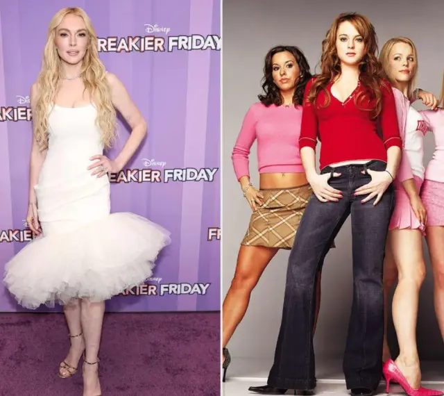 Lindsay Lohan w białej sukni i jako Regina George z "Wrednych dziewczyn".