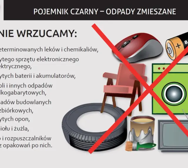 Czarny pojemnik na odpady zmieszane nie przyjmuje leków, elektroniki, baterii, mebli, opon, popiołu ani farb.