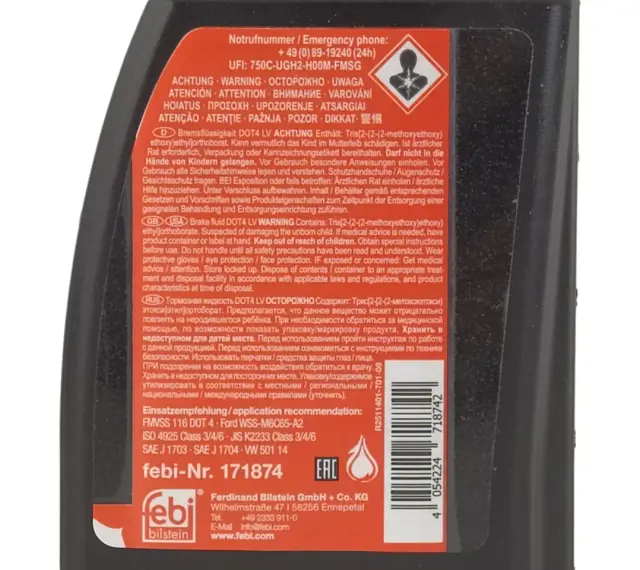 Płyn hamulcowy DOT4 LV. Oznaczenie produktu i jego skład. Informacje o bezpieczeństwie i zastosowaniu.