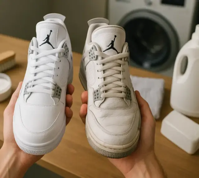 Para prać buty Nike w pralce, porównaj czyste i brudne Jordany. Obok proszek, szczotka i płyn do prania.