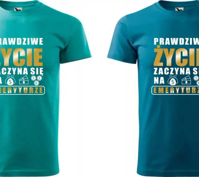 Dwie koszulki z napisem "Prawdziwe życie zaczyna się na emeryturze" i symbolami pieniędzy.