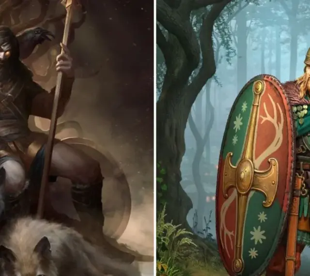 Odin, der Allvater, mit Raben und Wölfen, sitzt auf einem Thron aus Ästen. Daneben ein Krieger mit Helm und Schild.