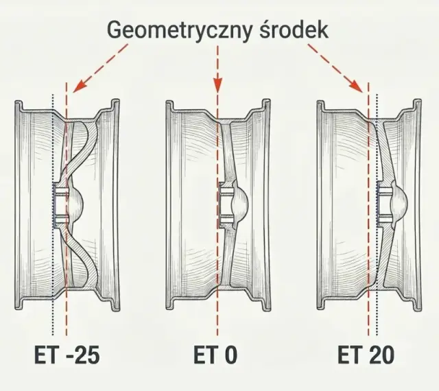 Ilustracja pokazuje trzy przekroje felg z różnym osadzeniem: ET -25, ET 0 i ET 20. Widać, jak zmienia się położenie geometrycznego środka felgi względem jej płaszczyzny montażowej.
