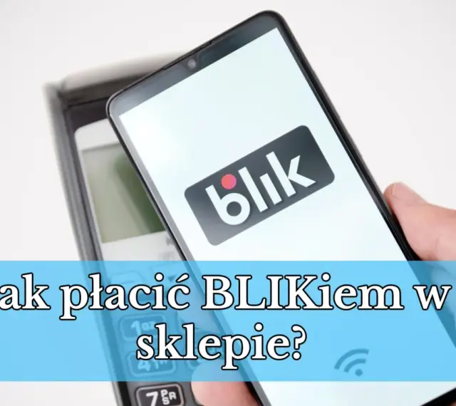 Dłoń trzyma smartfon z logo Blik nad terminalem płatniczym. Pytanie brzmi: "Jak płacić Blikiem w sklepie?".