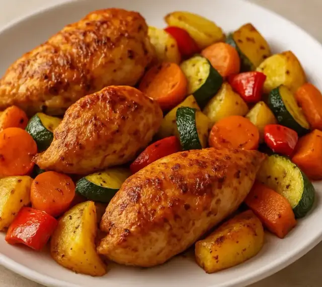 Soczyste kawałki indyka z airfryer, podane z pieczonymi ziemniakami, marchewką, cukinią i papryką.