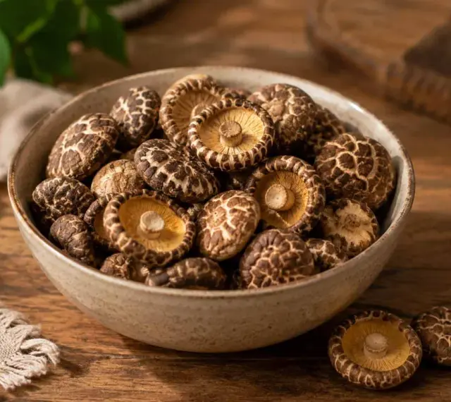 Miseczka pełna suszonych grzybów shiitake, gotowych do dodania smaku potrawom.