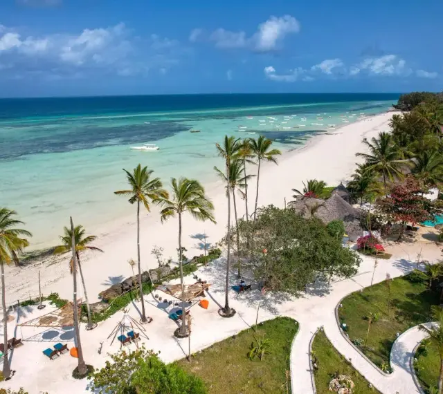 Zanzibar w czerwcu: biała plaża, turkusowa woda, palmy i słońce. Idealna pogoda na wakacje.