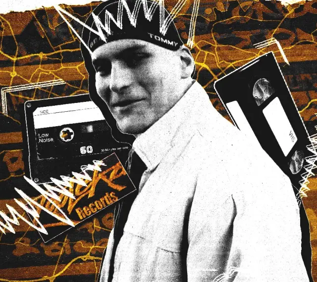 Krakowski raper w koronie z napisem Tommy, obok kaseta VHS i płyta winylowa.