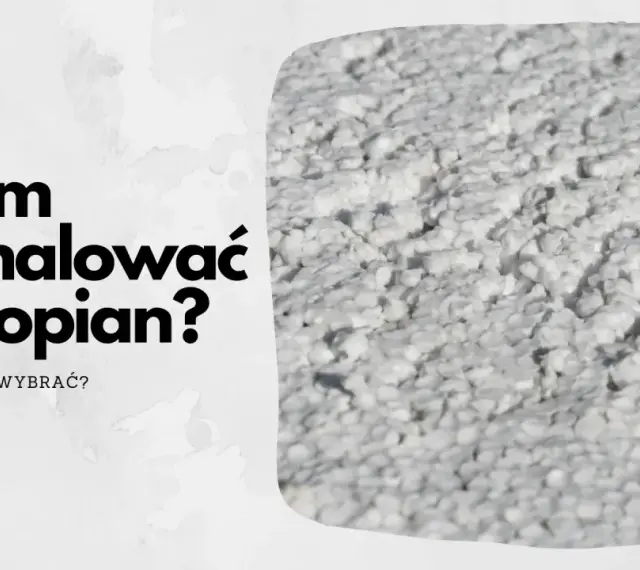 Pytanie "Czym pomalować styropian?" i zbliżenie na białą, porowatą powierzchnię styropianu.