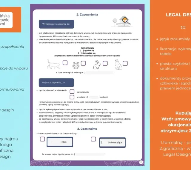 Umowa najmu okazjonalnego: jasne zasady dla najemcy i wynajmującego. Wzór graficzny Legal Design.