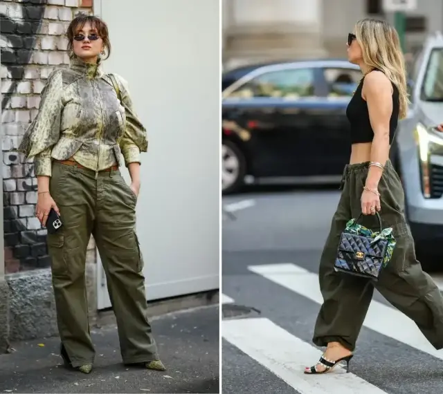 Dwie kobiety prezentują modne kolor khaki stylizacje. Jedna w kurtce z wzorem i bojówkach, druga w krótkim topie i luźnych spodniach.