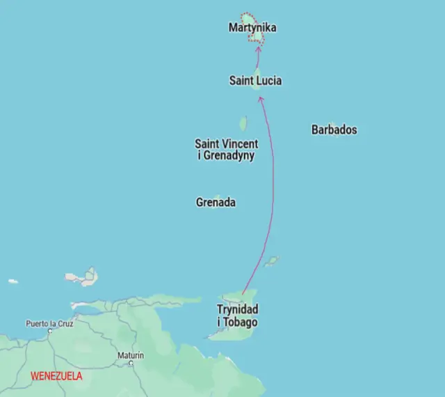 Mapa pokazuje, gdzie leżą Karaiby: Martynika, Saint Lucia, Saint Vincent i Grenadyny, Grenada, Trynidad i Tobago, Barbados, blisko Wenezueli.