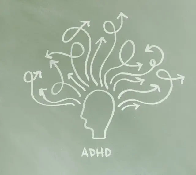 Grafika przedstawia głowę z mnóstwem strzałek wychodzących z niej we wszystkich kierunkach, symbolizującą ADHD.