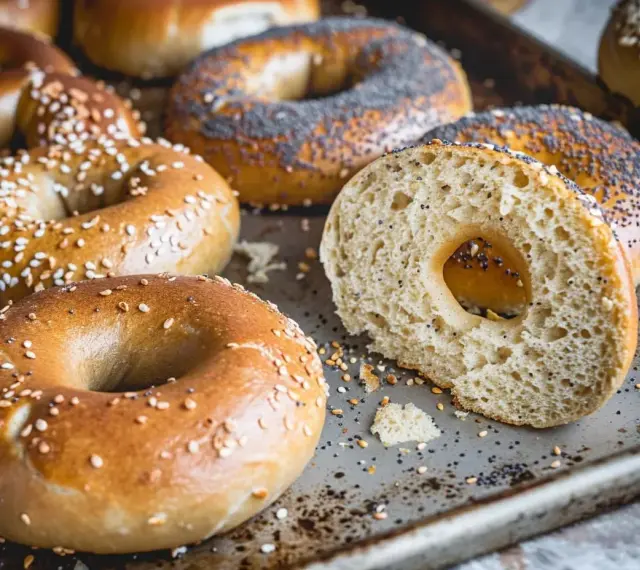 Färska bagels med sesamfrön och vallmofrön, redo för ditt bagels recept. Enkla att baka!