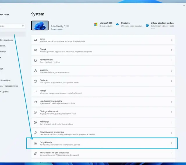Ustawienia systemu Windows, sekcja "Odzyskiwanie" - tu znajdziesz opcje, jak sformatować komputer, resetując go lub uruchamiając zaawansowane opcje.