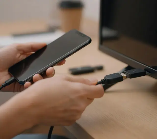 Ręce łączą smartfon z telewizorem za pomocą kabla USB-C. Dowiedz się, jak połączyć się z telewizorem, by cieszyć się większym ekranem.