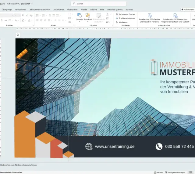 Eine PowerPoint-Präsentation mit einem modernen Design für eine Immobilienfirma.