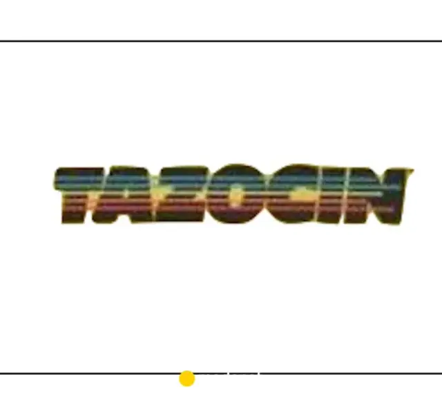 Napis TAZOCIN w stylu retro, z kolorowymi pasami.