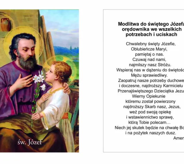 Św. Józef z Dzieciątkiem Jezus, obrazek z modlitwą do św. Józefa o pracę i opiekę.