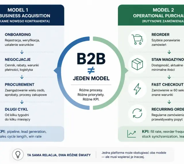 B2B to dwa modele: pozyskiwanie nowych kontrahentów (onboarding, negocjacje, długi cykl) i rutynowe zamówienia (reorder, szybki checkout).