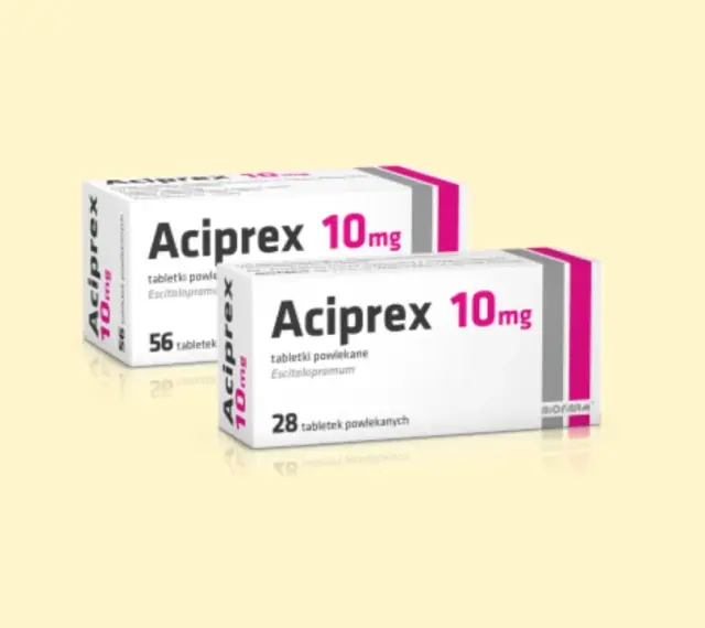 Dwie paczki leku Aciprex 10mg, jedna z 56, druga z 28 tabletkami powlekanymi.