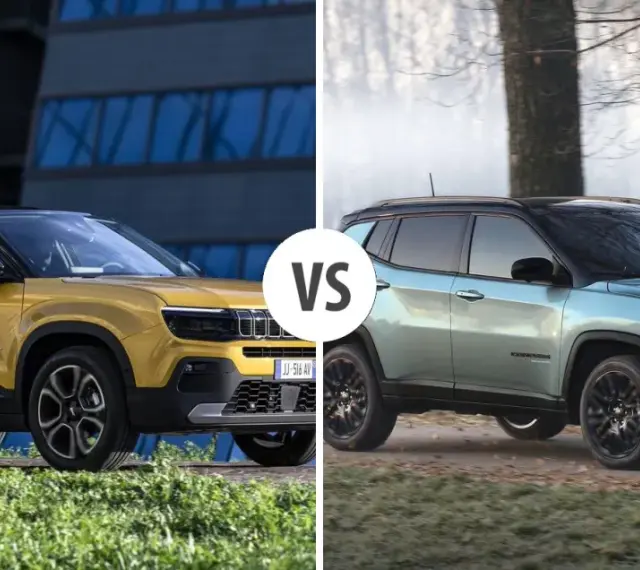 Dwa jeep suv: żółty Avenger na tle budynku i błękitny Compass na tle zimowego krajobrazu.