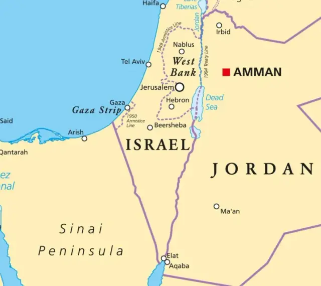 Mapa Izraela, Jordanii i części Egiptu. Czy wyjazd do Ziemi Świętej jest bezpieczny? Mapa pokazuje Strefę Gazy, Zachodni Brzeg, Kanał Sueski.