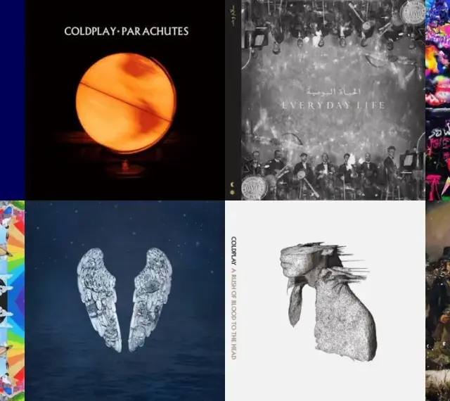 Collage des pochettes des albums de Coldplay : Parachutes, Everyday Life, Mylo Xyloto, A Rush of Blood to the Head, Ghost Stories, Music of the Spheres, Viva la Vida.