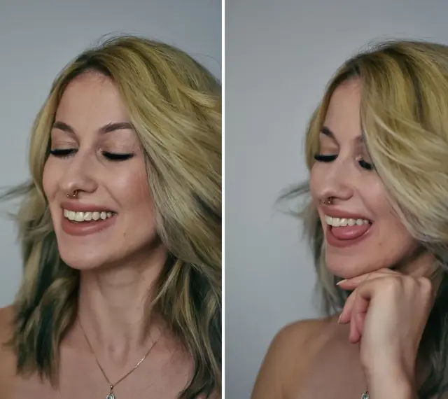 Uśmiechnięta kobieta z blond włosami i złotym kolczykiem w nosie (nasallang piercing). Na drugim zdjęciu pokazuje język.
