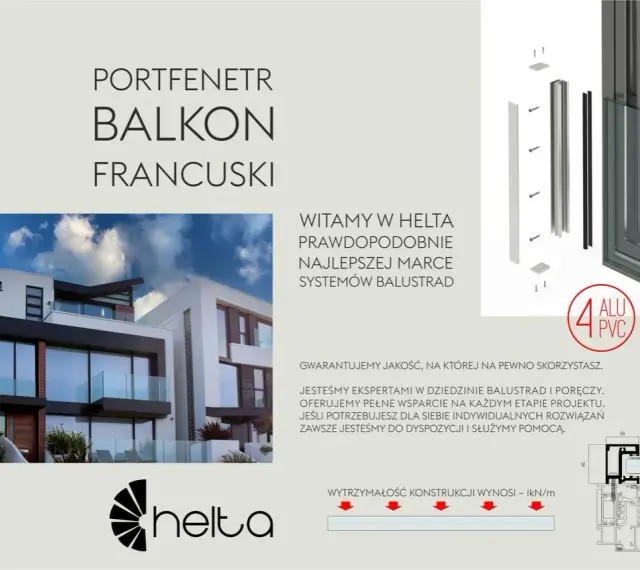 Nowoczesny portfenetr balkon francuski z balustradą szklaną na eleganckim budynku. Helta - eksperci od balustrad.