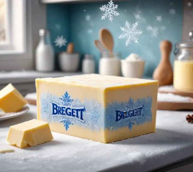 En stor bit Bregott ligger på ett snöigt köksbord. Frågan är: kan man frysa bregott? Snöflingor faller i bakgrunden.