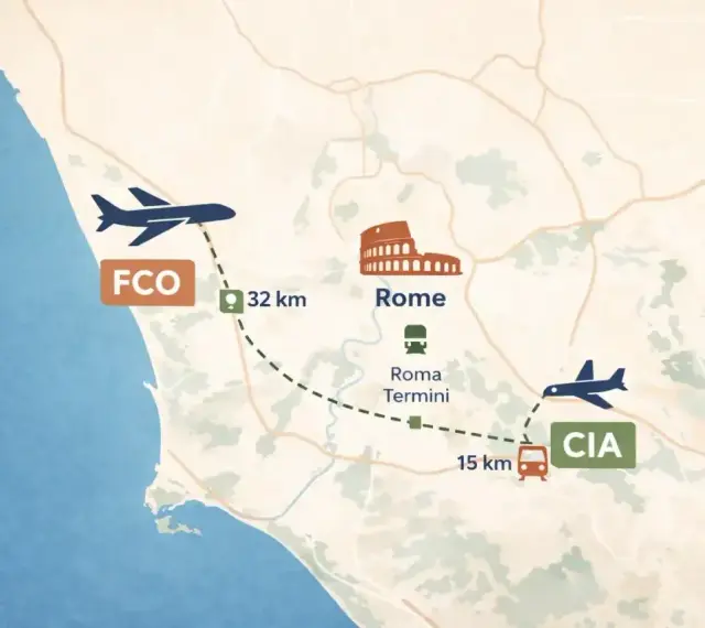 Mapa pokazuje lotniska w Rzymie: FCO (32 km) i CIA (15 km), z zaznaczonym połączeniem do Roma Termini.