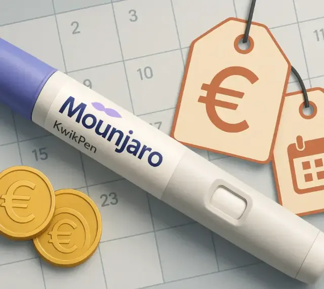 Mounjaro KwikPen na tle kalendarza z monetami euro i metkami cenowymi. Sprawdź, jaka jest mounjaro 7 5 mg cena.